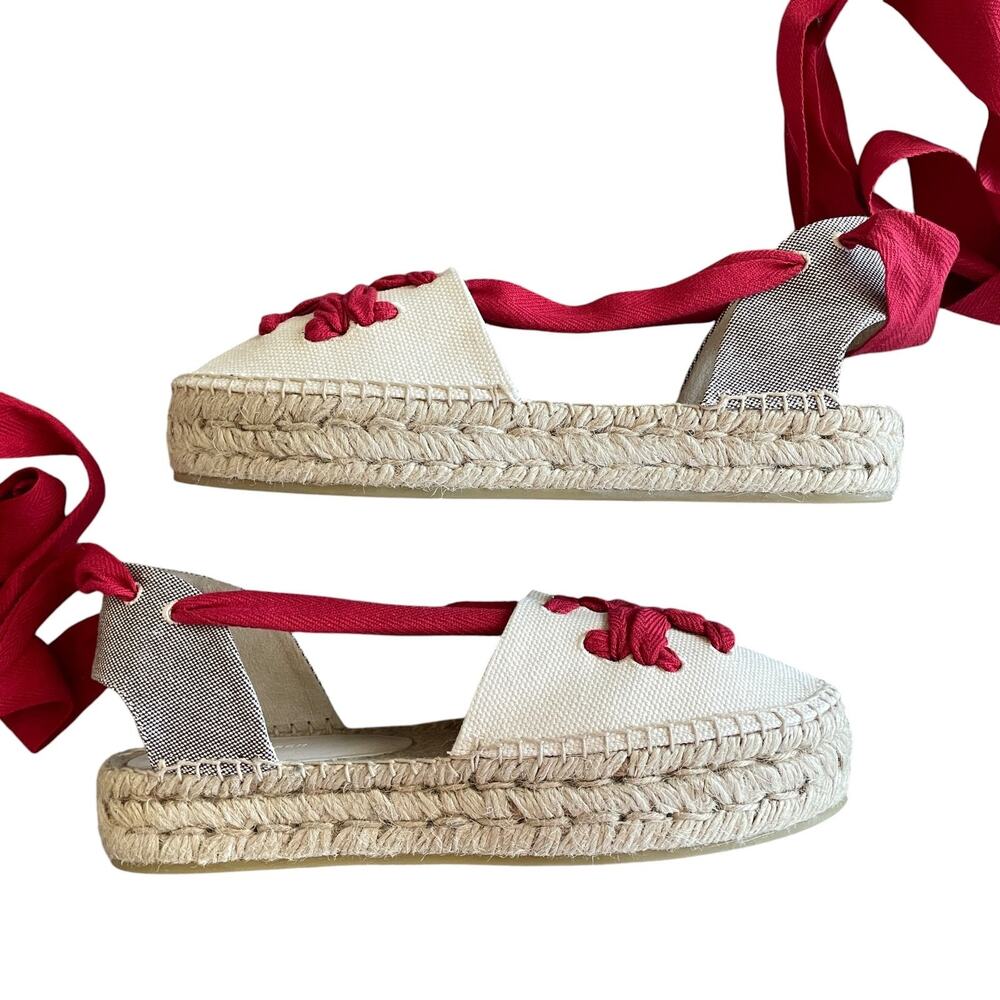 TORY BURCH Size 10 Woven Double T Espadrille Red Wrap-Around Tie Platform Flats - Picture 8 of 13